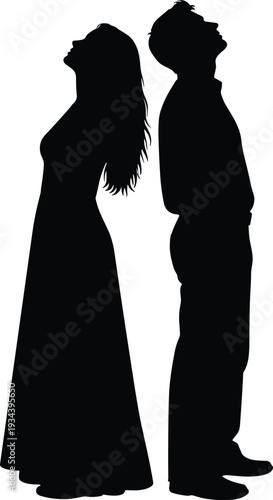 Minimalist black silhouette of man and woman standing back to back, couple in conflict, divorce concept, relationship problem, emotional distance, vector.