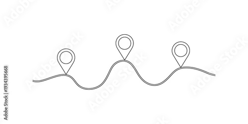 A minimalist line art illustration showing a wavy route with three location pins marking stops along the path Vector, illustration