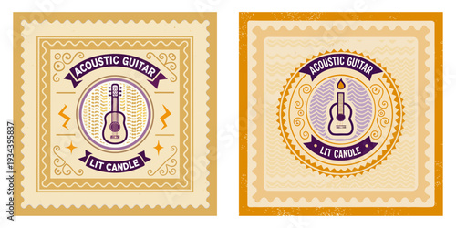 A square stamp featuring a line-art acoustic guitar and a lit candle, 90s unplugged aesthetic, pastel purple and mustard yellow.
