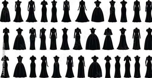 Mega collection of female evening gown silhouettes and elegant long dress icons in black for fashion design and apparel mockup templates