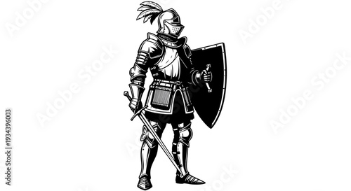 Medieval Knight in Full Armor with Sword and Shield, Black and White Illustration
