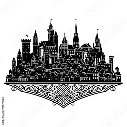 Medieval City Skyline Silhouette Black and White Ornate Border