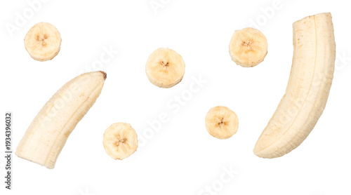 Banana slices isolated on a white background, top view
