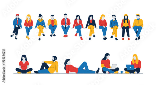 Minimalist flat vector illustration of people sitting in casual poses, diverse group in blue red yellow, modern character set, isolated,