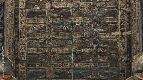 Egypt. Esna temple hypostyle hall with massive painted columns and colorful hieroglyphic reliefs on ceiling in Egypt, ancient Roman-era architecture with preserved pigments and carvings.