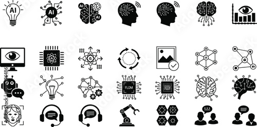 Set of 24 Artificial Intelligence Icons Featuring Neural Networks Machine Learning AI Brain Chip Robot Technology Data Science Cybernetics Digital Intelligence and Automat