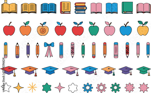 Colorful assortment of school supplies and educational icons