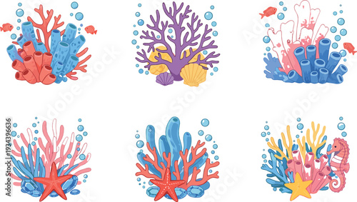 Colorful coral reef collection flat vector illustration with underwater sea plants starfish shells and marine life elements