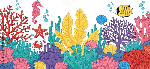Colorful coral reef underwater scene flat vector illustration with tropical fish seahorse starfish and marine plants