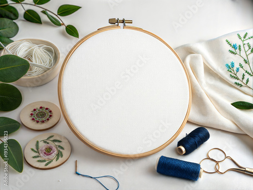 Obraz na płótnie Embroidery hoop mockup with needlework supplies and copy space