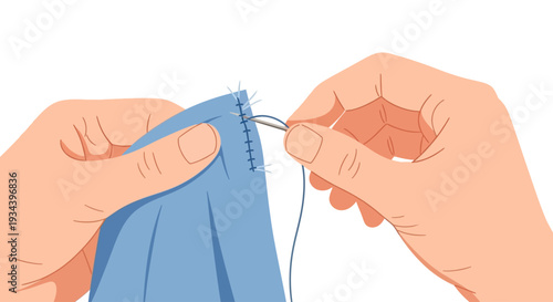Hands Hand Sewing Blue Fabric with Needle and Thread. Illustration of Textile Repair, Craft, and DIY Project.