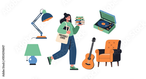 Thrifting & Sustainable Living: Woman with 'Previously Loved' Bag, Books, and Vintage Finds including Lamps, Record Player, Guitar, Armchair. Second-Hand Shopping.