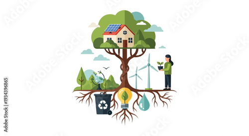Eco-Friendly Sustainable Living Illustration: Green Home, Solar Power, Wind Energy, Recycling, and Environmental Responsibility Concept