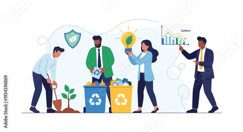 Business Team Driving Corporate Sustainability: Recycling, Green Energy, Tree Planting & Carbon Reduction Strategy