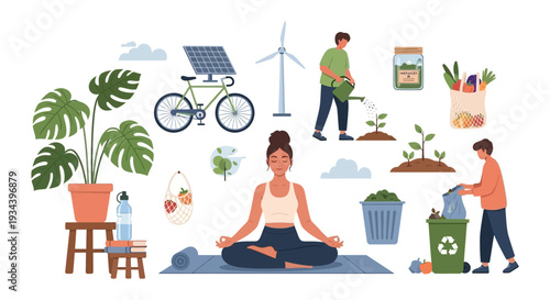 Sustainable Living and Eco-Friendly Lifestyle Concept with Green Energy, Recycling, and Wellness Activities. Environmental Protection Illustration.