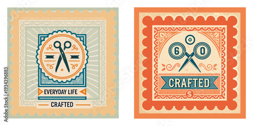A stamp featuring a pair of vintage scissors and a spool of thread. Simple vector art, Crafted text, 1960s Everyday Life series aesthetic.