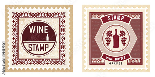 A stamp featuring a silhouette of a wine bottle and grapes. Elegant 1960s French design, cream paper, muted burgundy tones.