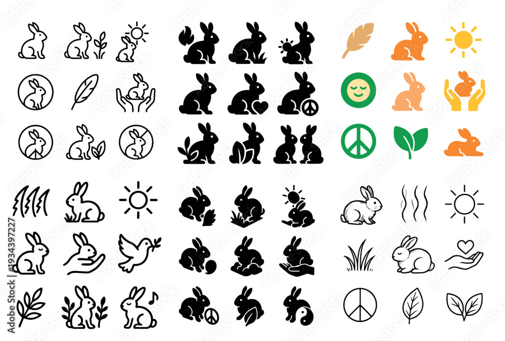 Fototapeta premium Nature icons with rabbits leaves and peace minimal
