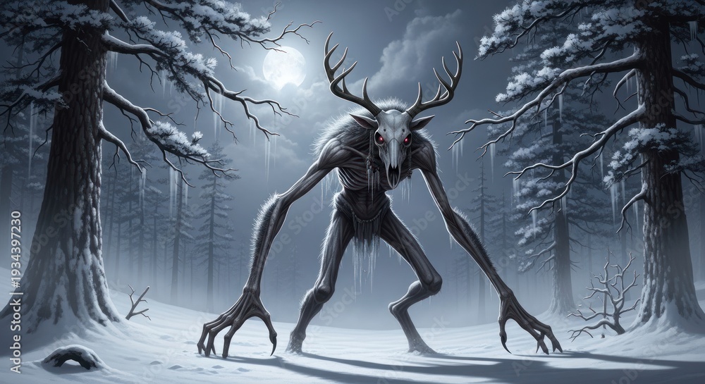 Obraz premium Mysterious Creature in Snowy Forest Landscape.