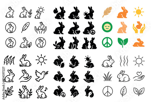 Nature icons with rabbits leaves and peace minimal
