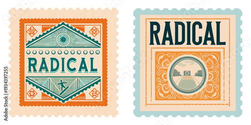 A stamp with a fisheye-lens view of a skateboarder, grainy 90s camcorder aesthetic, Radical text in bold block letters.