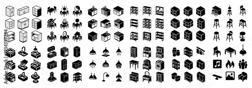 Furniture icons with cabinet chair lamp outline