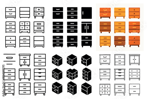 Furniture icons with drawer cabinet box flat
