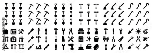 Work icons with shovel rake hammer minimal