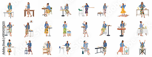 Joyful woman in flat illustration: enjoying brunch, working remotely, celebrating with drinks, and relaxing in diverse modern lifestyle scenes.