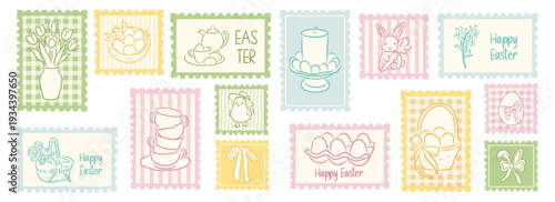Set of coquette Happy Easter postage stamp. Hand drawn whimsical bows, cute bunny, flowers, basket, eggs and candle. Vector illustration.