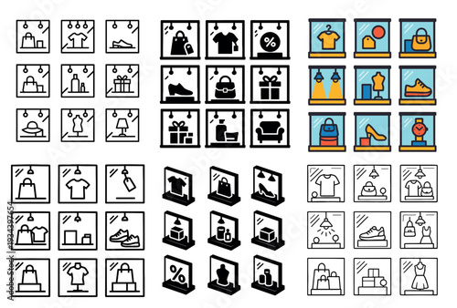 Retail icons with shop window shirt shoe colorful