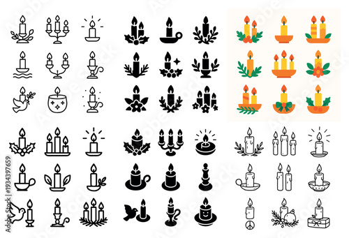 Holiday icons with candle wreath flame minimal