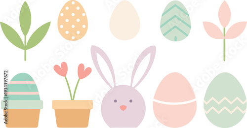 Charming collection of pastel-colored easter-themed illustrations featuring bunnies and eggs.