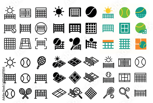 Sports icons with tennis ball racket net flat