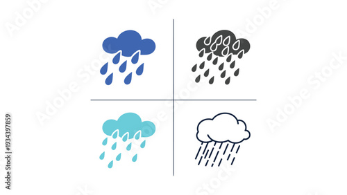 Four illustrations of clouds with varying precipitation types and intensities