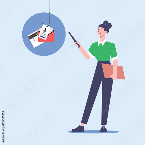Woman Pointing at Cybersecurity Threat with Phishing Icon
