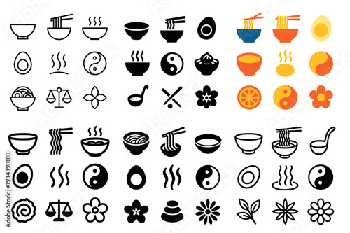 Food icons with bowl chopstick and egg minimal