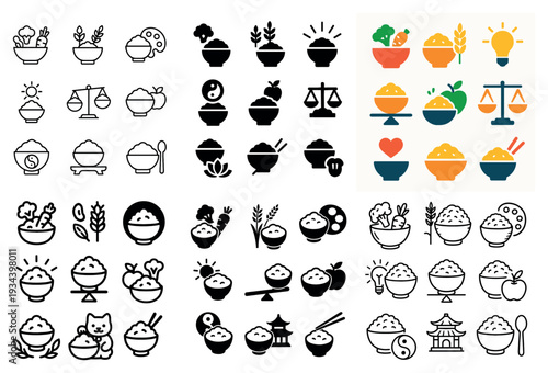 Food icons with rice bowl chopsticks colorful