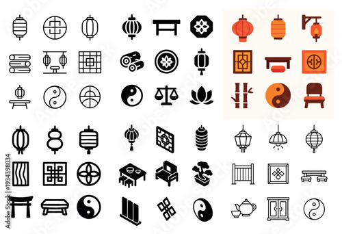 Asian icons with lantern yin yang minimal