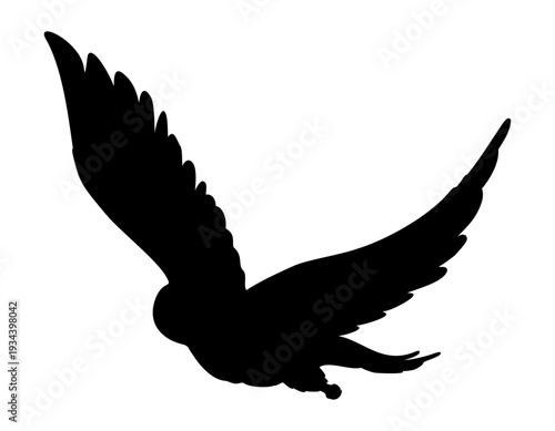 Owl in flight silhouette vector illustration on isolated background. Shadow of Bird painted by black inks predator element for tundra wildlife themes, icon and graphic design.