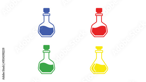 Four colorful laboratory flasks with different liquids displayed in a grid