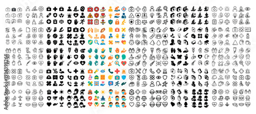 Mixed icons with people heart medical colorful flat style