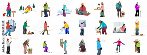 Winter Sports & Leisure: People Enjoying Snowy Mountain Adventures and Cozy Lodge Retreats