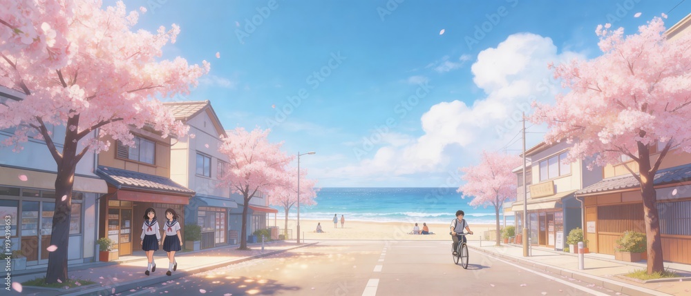 Obraz premium Anime seaside town street with cherry blossoms and ocean view under blue sky, idea for spring coastal landscape and peaceful slice of life illustration concept