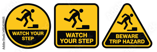 Tripping hazard symbol safety sign, watch your step warning, floor obstacle caution graphic, falling person foot alert vector illustration.