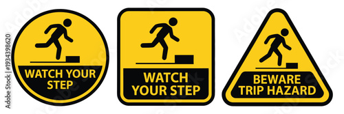 Tripping hazard symbol safety sign, watch your step warning, floor obstacle caution graphic, falling person foot alert vector illustration.