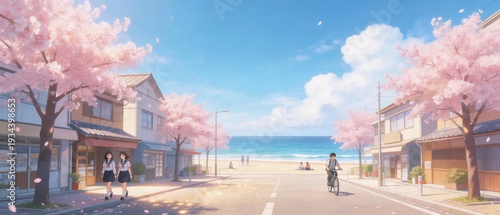 Panel kuchenny z motywem Anime seaside town street with cherry blossoms and ocean view under blue sky, idea for spring coastal landscape and peaceful slice of life illustration concept