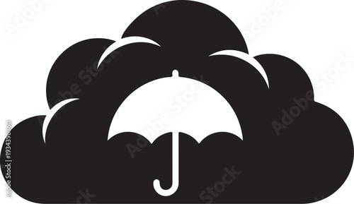 Umbrella protecting from rain under dark stormy clouds icon