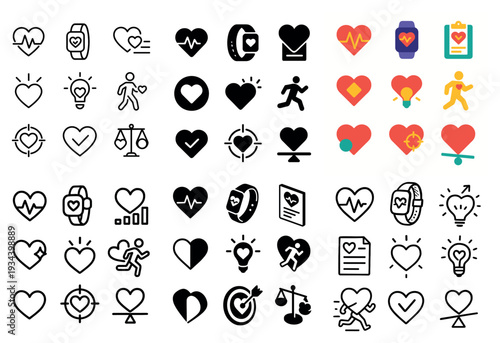 Health icons with heart watch pulse colorful