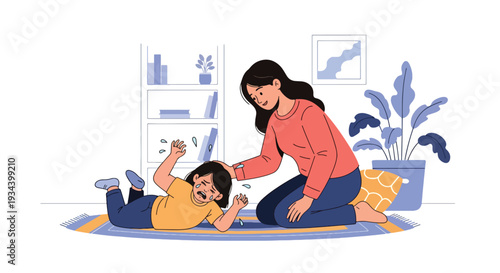 Modern vector illustration of child having tantrum while calm mother kneels and speaks gently. Positive parenting and emotional regulation concept for family education and child development